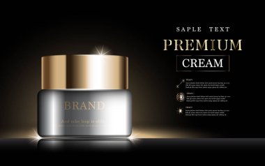 Yıllık indirimli yüz kremi ya da festival satışı için. Işıltılı parçacıkların arka planında izole edilmiş gümüş ve altın rengi maske şişesi. Zarif kozmetik reklamları, illüstrasyon.