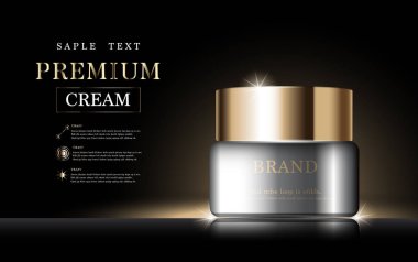 Yıllık indirimli yüz kremi ya da festival satışı için. Işıltılı parçacıkların arka planında izole edilmiş gümüş ve altın rengi maske şişesi. Zarif kozmetik reklamları, illüstrasyon.