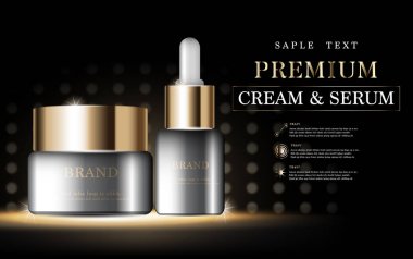 Yıllık indirimli yüz kremi ya da festival satışı için. Işıltılı parçacıkların arka planında izole edilmiş gümüş ve altın rengi maske şişesi. Zarif kozmetik reklamları, illüstrasyon.