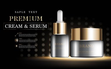 Yıllık indirimli yüz kremi ya da festival satışı için. Işıltılı parçacıkların arka planında izole edilmiş gümüş ve altın rengi maske şişesi. Zarif kozmetik reklamları, illüstrasyon.