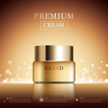 Yıllık indirimli yüz kremi ya da festival satışı için. Işıltılı parçacıkların arka planında izole edilmiş gümüş ve altın rengi maske şişesi. Zarif kozmetik reklamları, illüstrasyon.