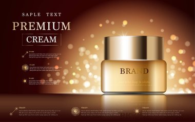 Yıllık indirimli yüz kremi ya da festival satışı için. Işıltılı parçacıkların arka planında izole edilmiş gümüş ve altın rengi maske şişesi. Zarif kozmetik reklamları, illüstrasyon.