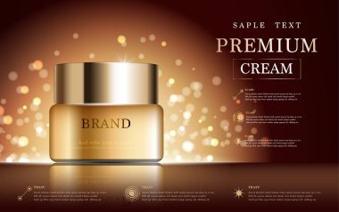Yıllık indirimli yüz kremi ya da festival satışı için. Işıltılı parçacıkların arka planında izole edilmiş gümüş ve altın rengi maske şişesi. Zarif kozmetik reklamları, illüstrasyon.