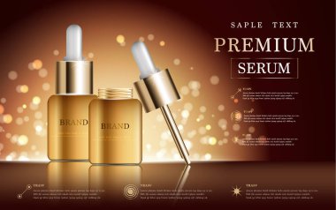 Yıllık ya da festival satışı için yüz serumunu suluyorum. Işıltılı parçacıkların arka planında izole edilmiş gümüş ve altın serumlu maske şişesi. Zarif kozmetik reklamları, illüstrasyon.