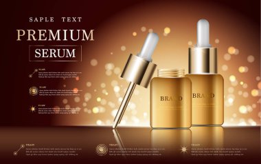 Yıllık ya da festival satışı için yüz serumunu suluyorum. Işıltılı parçacıkların arka planında izole edilmiş gümüş ve altın serumlu maske şişesi. Zarif kozmetik reklamları, illüstrasyon.