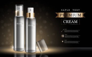 Yıllık indirimli yüz kremi ya da festival satışı için. Işıltılı parçacıkların arka planında izole edilmiş gümüş ve altın rengi maske şişesi. Zarif kozmetik reklamları, illüstrasyon.