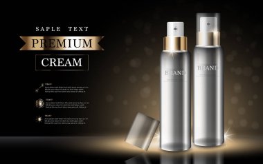 Yıllık indirimli yüz kremi ya da festival satışı için. Işıltılı parçacıkların arka planında izole edilmiş gümüş ve altın rengi maske şişesi. Zarif kozmetik reklamları, illüstrasyon.