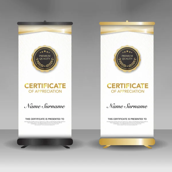 Diploma Certificaat Sjabloon Roll Banner Staan Model Zwart Goud Kleur — Stockvector