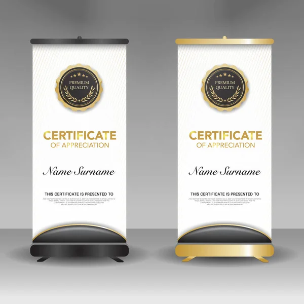 Diploma Certificado Plantilla Roll Banner Stand Modelo Color Negro Oro — Vector de stock