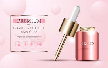 Yıllık ya da festival satışı için yüz serumunu suluyorum. Pembe ve altın serumlu maske şişesi arkaplandaki sim parçacıklarına izole edilmiş. Zarif kozmetik reklamları, illüstrasyon.