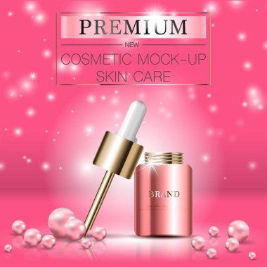 Yıllık ya da festival satışı için yüz serumunu suluyorum. Pembe ve altın serumlu maske şişesi arkaplandaki sim parçacıklarına izole edilmiş. Zarif kozmetik reklamları, illüstrasyon.