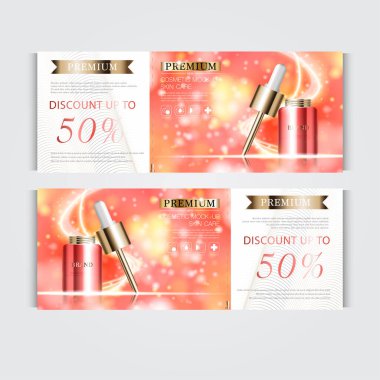 Yıllık ya da festival satışı için yüz hidrasyon serumu hediye çeki. Işıltılı parçacıkların arka planında izole edilmiş kırmızı ve altın serumlu maske şişesi. Zarif kozmetik reklamları, illüstrasyon.