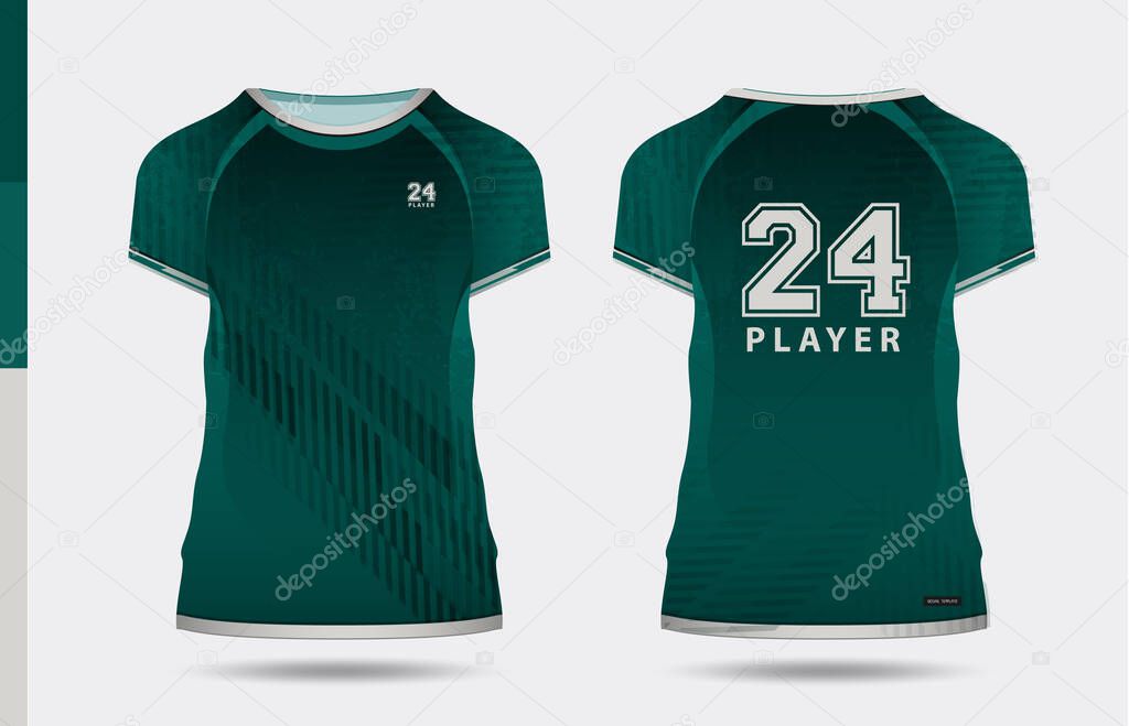 sport stylish green t-shirt and apparel trendy design silhouettes, typography, print, vector illustration. Front and back view. Vector eps 10 illustration.