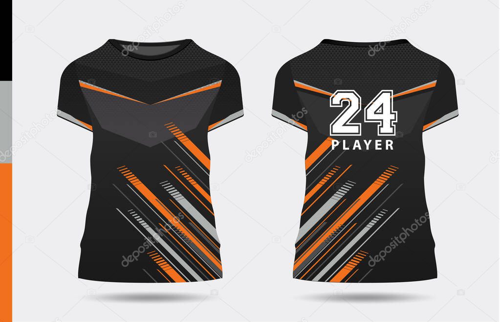 sport stylish black orange t-shirt and apparel trendy design silhouettes, typography, print, vector illustration. Front and back view. Vector eps 10 illustration.