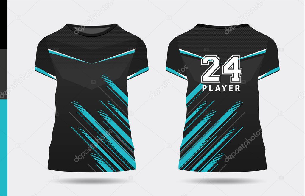 sport stylish black blue t-shirt and apparel trendy design silhouettes, typography, print, vector illustration. Front and back view. Vector eps 10 illustration.
