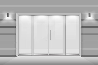 Otomatik hareket sensörlü çift sürgülü cam kapılar. vektör tasarımı.