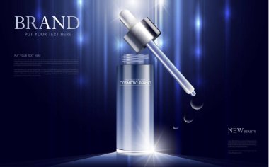 Kozmetik ürün posteri, nemlendirici krem ya da sıvıyla şişe paketi tasarımı, ışıltılı polka, vektör tasarımı.