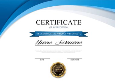 diploma sertifikası şablonu mavi ve altın rengi lüks ve modern biçim vektör görüntüsü.