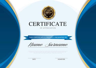 diploma sertifikası şablonu mavi ve altın rengi lüks ve modern biçim vektör görüntüsü.