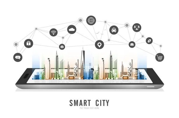 Paisagem Urbana Cidade Inteligente Com Elementos Infográficos Redes Conceito Realidade — Vetor de Stock