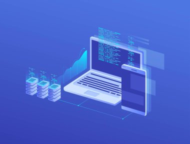Etkili şablon teknolojisi verileri, madencilik sunucu tarım odası ve telefon, bilgisayar, veri, veri işleme vektör çizimi gibi akıllı dijital aygıtlar.