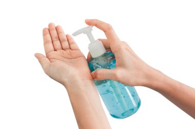 Alkol jeliyle el yıkamak. Umumi tuvaleti kullandıktan sonra dezenfektan. Hijyen konsepti. Mikropların yayılmasını ve el hijyen koronası virüsünün korunmasını önler..