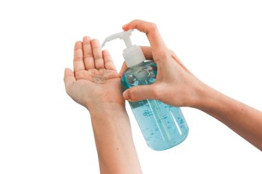 Alkol jeliyle el yıkamak. Umumi tuvaleti kullandıktan sonra dezenfektan. Hijyen konsepti. Mikropların yayılmasını ve el hijyen koronası virüsünün korunmasını önler..