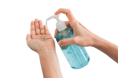 Alkol jeliyle el yıkamak. Umumi tuvaleti kullandıktan sonra dezenfektan. Hijyen konsepti. Mikropların yayılmasını ve el hijyen koronası virüsünün korunmasını önler..