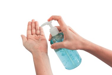 Alkol jeliyle el yıkamak. Umumi tuvaleti kullandıktan sonra dezenfektan. Hijyen konsepti. Mikropların yayılmasını ve el hijyen koronası virüsünün korunmasını önler..