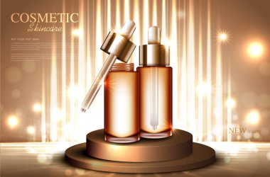 Yıllık indirimli ya da festival satışları için cilt bakımı. Ürün sunumu için arka planda bulunan simli parçacıklara izole edilmiş gümüş altın serumlu maske şişesi. Zarif kozmetik reklamları, Vektör illüstrasyonu