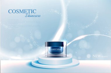 Yıllık indirimli ya da festival satışları için cilt nemlendirici. Gümüş mavi krem maskeli şişe ürün sunumu için arka planda bulunan sim parçacıklarına izole edilmiş. Zarif kozmetik reklamları, Vektör illüstrasyonu
