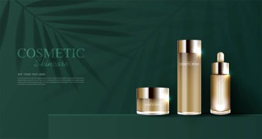 Yıllık indirimli ya da festival satışları için cilt nemlendirici. Kahverengi altın rengi maske şişesi ürün sunumu için arka planda bulunan sim parçacıklarına izole edilmiş. Zarif kozmetik reklamları, Vektör illüstrasyonu