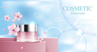 Yıllık satış ya da festival için yüz sakura kremi nemlendirici. Ürün sunumu için arka planda bulunan simli parçacıklara izole edilmiş pembe krem maskeli şişe. Zarif kozmetik reklamları, Vektör illüstrasyonu