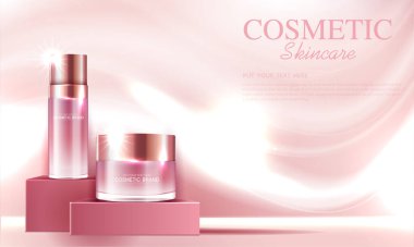 Yıllık satış ya da festival için yüz gülü derisi nemlendirici. Gümüş krem maskeli şişe ürün sunumu için arka planda bulunan sim parçacıklarına izole edilmiş. Zarif kozmetik reklamları, Vektör illüstrasyonu
