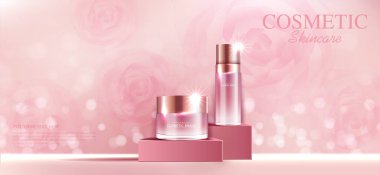 Yıllık satış ya da festival için yüz gülü derisi nemlendirici. Gümüş krem maskeli şişe ürün sunumu için arka planda bulunan sim parçacıklarına izole edilmiş. Zarif kozmetik reklamları, Vektör illüstrasyonu