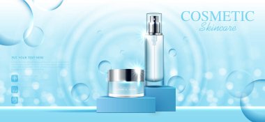 Yıllık indirimli yüz kremi ya da festival satışı için. Gümüş ve mavi krem maskeli şişe ürün sunumu için arka planda bulunan sim parçacıklarına izole edilmiş. Zarif kozmetik reklamları, Vektör illüstrasyonu