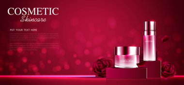 Yıllık satış ya da festival için yüz gülü kremi nemlendirici. Kırmızı krem maskeli şişe ürün sunumu için arka planda bulunan sim parçacıklarına izole edilmiş. Zarif kozmetik reklamları, Vektör illüstrasyonu