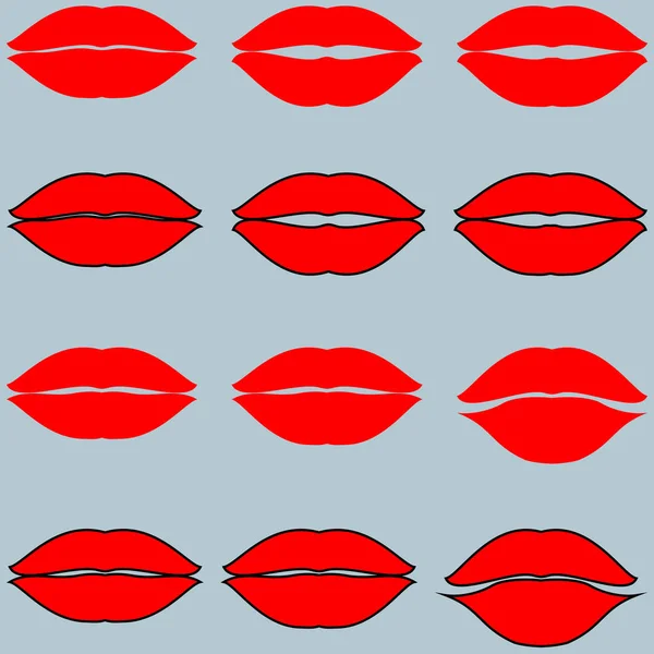 Bibir merah dan merah dengan jalur hitam dua belas item . - Stok Vektor