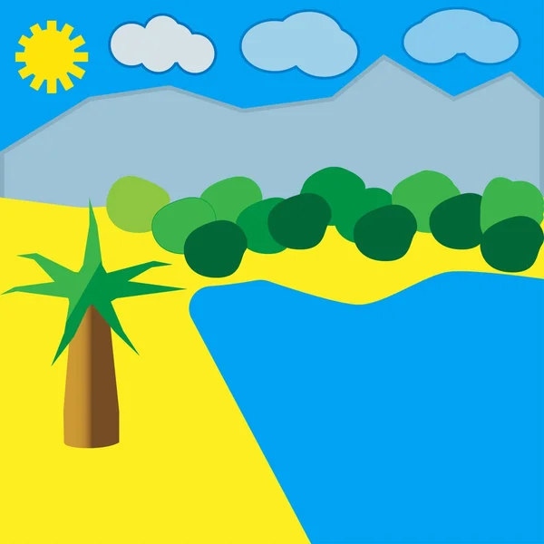 Plage au bord de l'océan avec palmier et ciel bleu — Image vectorielle
