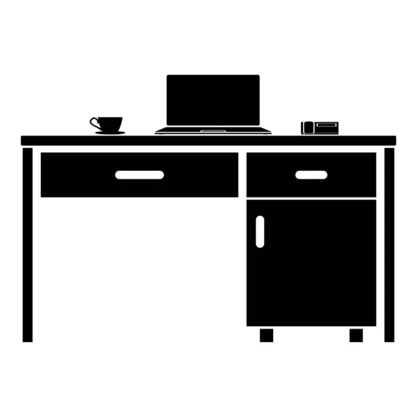 Desktop mit Laptop-Handy und Teetasse Business-Zeug auf dem Tisch Symbol schwarze Farbvektor Illustration flachen Stil Bild — Stockvektor