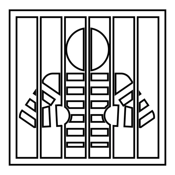 Prisoner behind bars holds rods with his hands Angry man watch through lattice in jail Incarceration concept icon outline black color vector illustration flat style image — Stock Vector