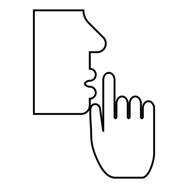 Håll tyst koncept Man visar pekfingret tyst Person stängde munnen Stäng hans läpp Shh gest Sluta prata snälla tema Mute ikon kontur svart färg vektor illustration platt stil bild — Stock vektor