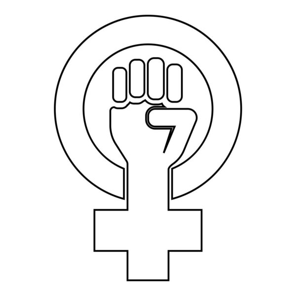 Symbol of feminism movement Gender women resist Fist hand in round and cross icon outline black color vector illustration flat style image