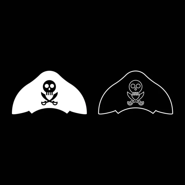 带有骷髅和剑刃图标轮廓的海盗帽设置白色矢量图形平面样式图像 — 图库矢量图片