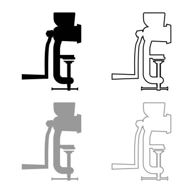 Elle kıyma öğütücü Eski mutfak ekipmanları Değirmen Öğütücü simgesi ana hatları siyah gri renk çizimi düz resim çizimi