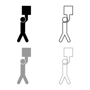 Adam kollarında kendi üzerinde yük taşır Teslimat paket ikonu ana hatları üzerinde çalışma siyah gri renk vektör çizimi düz resim