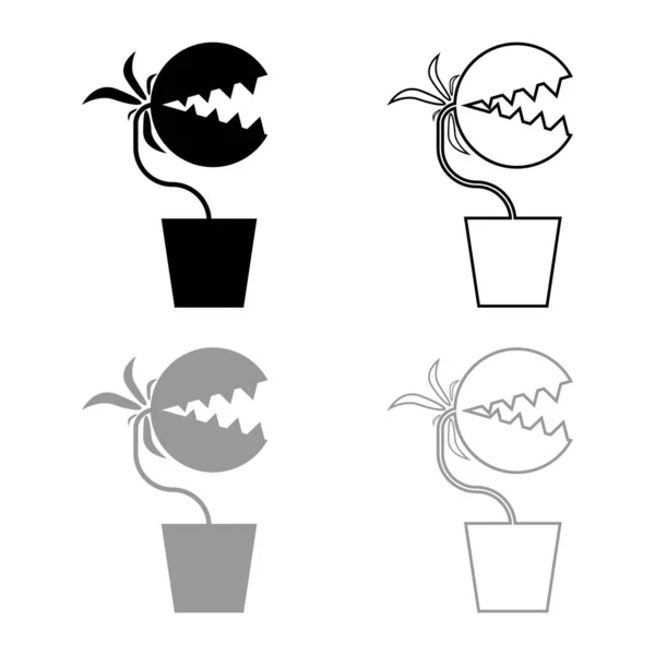 食肉植物萤火虫，初在罐子图标轮廓设置黑色灰色矢量平面图像 — 图库矢量图片