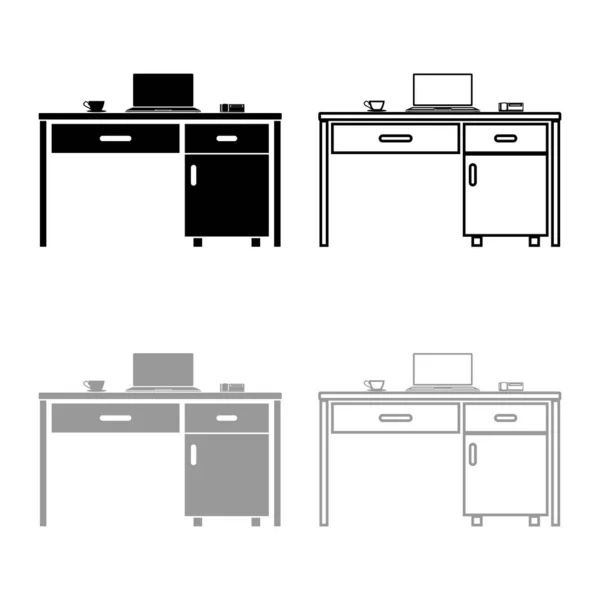 Escritorio con teléfono portátil y taza de té Cosas de negocios en la tabla icono esquema conjunto negro gris vector ilustración estilo plano imagen — Archivo Imágenes Vectoriales