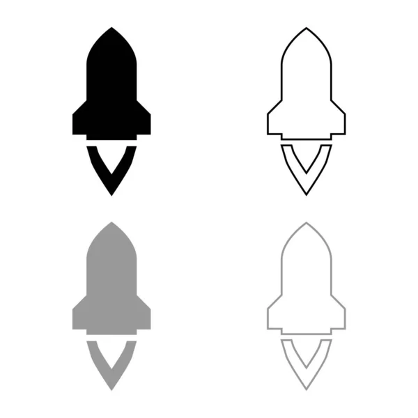 Rocket with flame in flying Spaceship launch Exploración espacial Conjunto de iconos de concepto de arma de guerra Ilustración de vectores de color gris negro Imagen de estilo plano — Archivo Imágenes Vectoriales