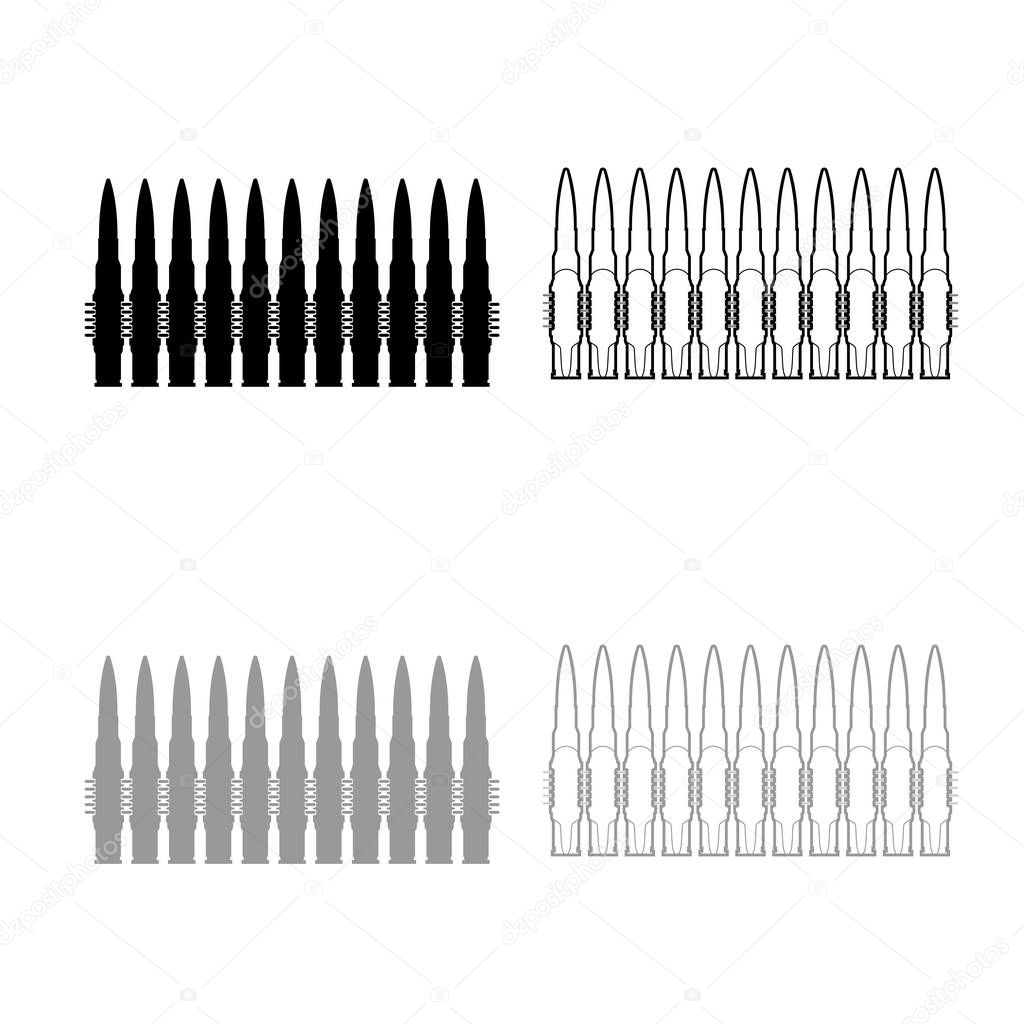 Bullets in row belt Machine gun cartridges Bandoleer War concept icon outline set black grey color vector illustration flat style image